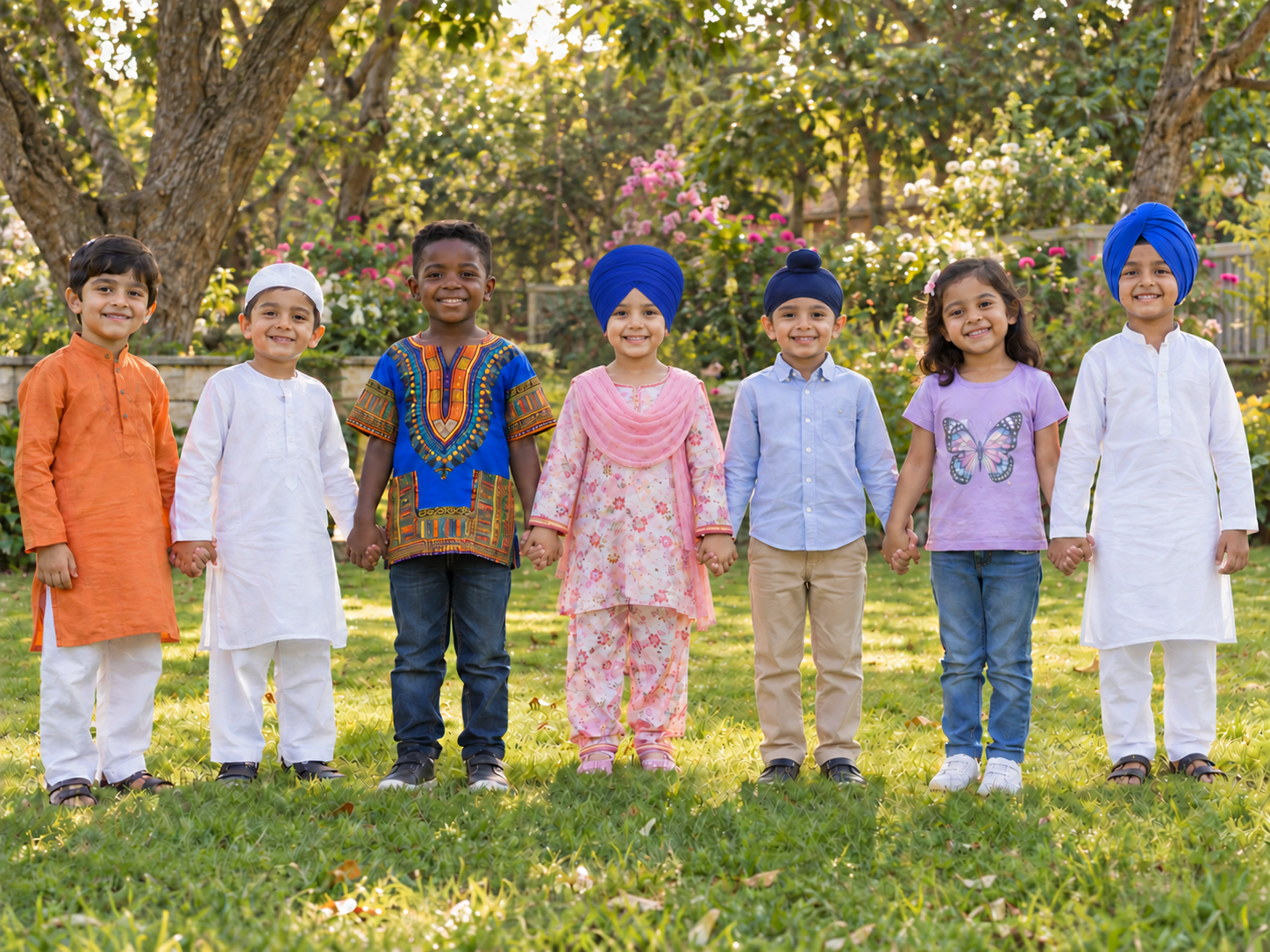 Seven children from different communities standing together and smiling in a garden